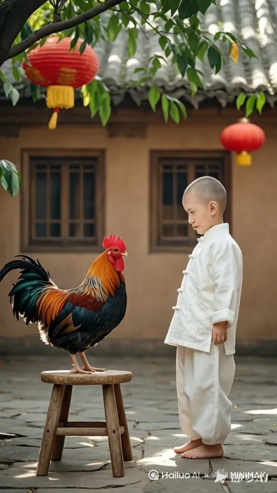 小男孩和公鸡跳起来互相厮杀打斗，谁都不服谁， by Hailuo AI Video Generator