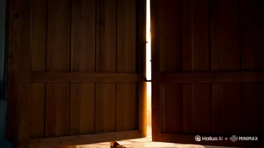 【视频分镜脚本】
时长：30秒
分辨率：4K 24fps
色调：青绿色自然风光滤镜（参考《卧虎藏龙》山水镜头）
开场镜头（0-3秒）
仰拍视角：木质大门缓缓打开
光线：晨光透过门缝形成光束
音效：吱呀门轴声+鸟鸣声渐起
人物出场（4-8秒）
中景推镜头：身着靛蓝扎染旗袍的少妇缓步走出
服装细节：发髻簪木簪，肩搭素色披肩
动作：轻抚门框后整理衣襟
场坝行走（9-15秒）
跟拍镜头：石板路上的倒影随步伐晃动
环境元素：晾晒的玉米串/柴火堆/竹制农具
音效：布料摩擦声+竹鞋敲击石板声
终极画面（16-30秒）
全景镜头：人物立于场坝边缘回望
背景元素：
▶ 近景：菜畦青苗随风摆动
▶ 中景：稻田倒映流云
▶ 远景：层叠青山间袅袅炊烟
光影：逆光勾勒人物轮廓，丁达尔效应光斑 by Hailuo AI Video Generator
