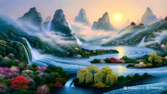 1. 中国风 山水画卷 高清 壮丽山河 云雾缭绕 巍峨高山 清澈江河 飞流瀑布 水墨意境 浪漫唯美 气势雄伟
2. 唯美山水 古典画风 大气磅礴 层峦叠嶂 旭日东升 波光粼粼 葱郁森林 宁静湖泊 意境深远 引人入胜
3. 青绿山水 超高清画质 雄伟山川 云海翻腾 山间古寺 蜿蜒溪流 繁花遍野 春风拂柳 壮观景色 诗意浪漫 by Hailuo AI Video Generator