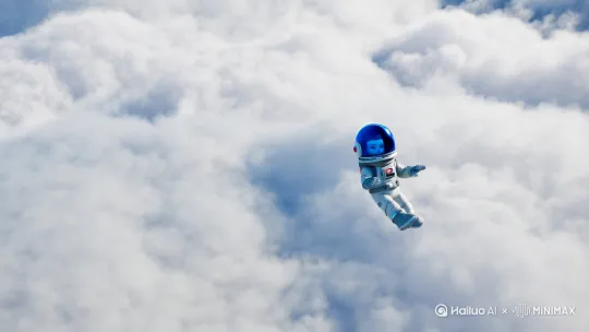 一个可爱的卡通太空人物，穿着太空服漂浮在云层中，背景中充满了蓬松的白色云层，创造了一种梦幻般的氛围，唤起探索遥远星系幻想象。 by Hailuo AI Video Generator