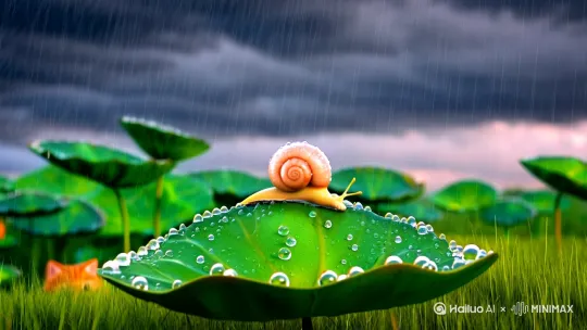 在雨季的一个小角落，一片碧绿的荷叶在雨中轻轻摇动。从正面稍低的角度望去，荷叶上滚动着晶莹的水珠。一只可爱的毛茸茸的小橘猫好奇地靠近荷叶，眼睛里充满了灵动。旁边，一只蜗牛正缓慢地爬行在荷叶梗上。小橘猫伸出爪子，似乎想要触碰蜗牛。雨水不停地下着，打湿了小猫的毛发，让它显得更加呆萌。蜗牛的壳上也挂满了雨滴，泛着微光。周围的草丛被雨水滋润得更加翠绿，空气中弥漫着清新的气息。天空中乌云密布，却为这一幕增添了几分温馨与宁静。画面采用唯美温馨的风格，定焦镜头，细腻渲染，柔和而清冷的光线，以绿、白、棕为主的素雅色调，仿佛能让人沉浸在这充满生机的场景中，心灵得到治愈和放松。摄影风格，景深效果，写实渲染，软阴影，超清画质，16K。 by Hailuo AI Video Generator
