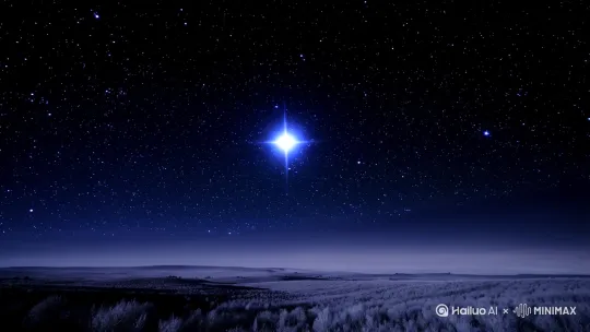 画面从一片宁静的夜空开始，星星点点，月光洒在大地上，营造出一种静谧的氛围。
描述: 夜空中，一颗明亮的星星缓缓闪烁，仿佛在引导着观众进入一个充满智慧与宁静的世界。[固定镜头] by Hailuo AI Video Generator