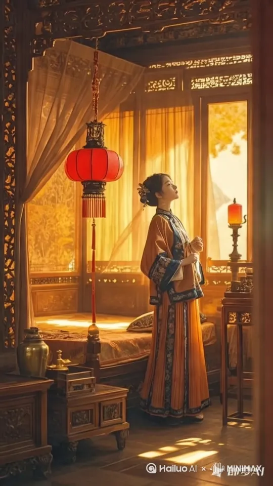 一个古装小姐姐站在东暖阁窗前仰望宫灯生成一段视频 by Hailuo AI Video Generator