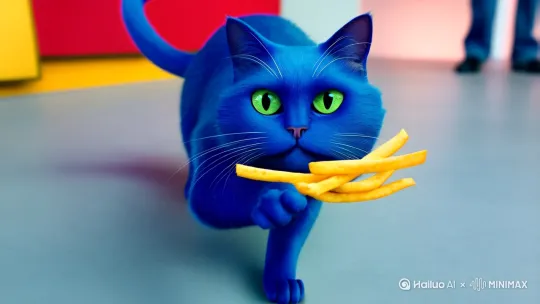 模拟一下一只蓝色的猫在吃麦当劳的画面。其中要有跟科比，雷军，乔布斯，特朗普等人的互动制作长达30秒不同画面的视频。 by Hailuo AI Video Generator