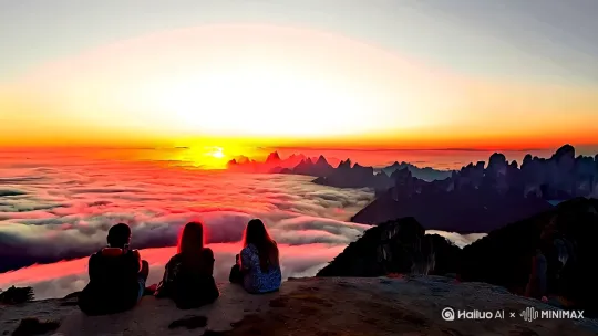 梵净山：[跟随]夕阳西下，金色的阳光洒满整个梵净山，山间的云海被染成橙红色。镜头缓缓移动，捕捉到游客坐在山顶，静静欣赏日落的画面。远处的山峰在夕阳的映衬下显得格外壮丽。 by Hailuo AI Video Generator
