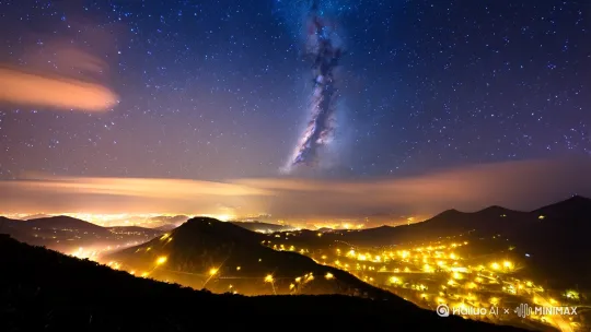 梵净山：[跟随]夜幕降临，梵净山的天空繁星点点，银河清晰可见。镜头对准星空，延时摄影展现出星轨的流动。山间的灯火零星闪烁，与星空交相辉映，营造出宁静而神秘的氛围。 by Hailuo AI Video Generator