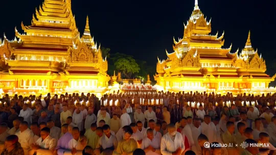 场景 5: 祝福与祈愿
画面: 镜头拉远，寺庙的全景出现在画面中，灯光在夜空中显得格外明亮。
描述: 画面中，修行者与信众们一起在佛前祈愿，双手合十，虔诚地祈求智慧与光明降临人间。
音效: 佛教音乐达到高潮，钟声与诵经声交织在一起，象征着对智慧与光明的共同祈愿。[推进,上升] by Hailuo AI Video Generator