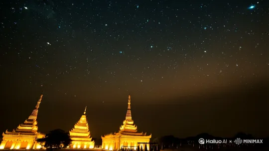 场景 6: 结束与回响
画面: 画面逐渐淡出，回到最初的夜空，星星依然在闪烁。
描述: 最后的画面中，星星与寺庙的灯光交相辉映，象征着智慧与光明的永恒存在。
音效: 音乐逐渐减弱，留下钟声与风铃声的回响，给人一种宁静而深远的感受。[固定镜头] by Hailuo AI Video Generator