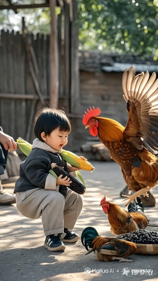 【萌娃日常】肉嘟嘟小可爱啃黑玉米，红羽大公鸡半空突袭！3岁圆脸萌宝嘴沾黑色玉米粒，呆萌表情瞬间定格。农家院里，火红公鸡展翅抢食，萌娃紧握玉米棒瞪大眼。搞笑瞬间+高反差色彩，速剪亲子互动！#童趣画面 #萌娃搞笑 #乡村日常 by Hailuo AI Video Generator