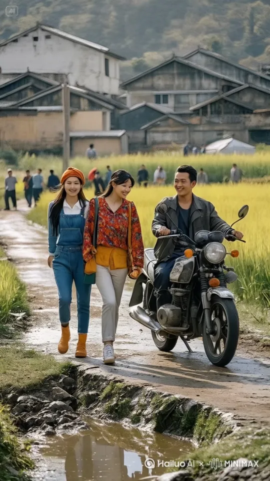 镜头跟随，男人开车经过美女时，眼睛直勾勾、色眯眯地盯着美女，骑车的男人看得入神，边开车边回头，兴奋过头，手一动加大油门，摩托车径直冲进路边下里的泥田，狼狈至极，几人摔得东倒西歪，浑身泥巴，惹得周围劳作的人哄笑不止。
 by Hailuo AI Video Generator