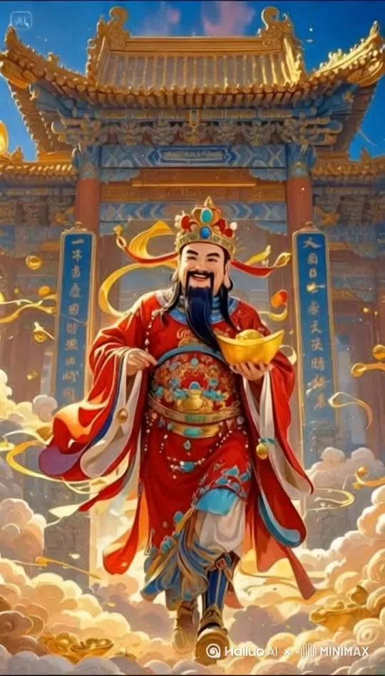 镜头中的财神，头部放着金华，周围仙鹤飞舞。脚踏祥云，由远及近的大步走来。嘴里说着祝福的话 by Hailuo AI Video Generator