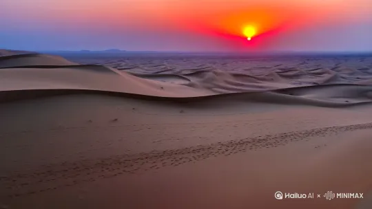 **沙漠夕阳**：全景镜头展现广袤沙漠，夕阳染红天空，沙丘轮廓清晰，驼队缓缓前行，留下长长脚印，营造孤独而壮美的氛围，表达对远方的向往与未知的探索。 by Hailuo AI Video Generator