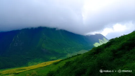 镜头切换到一片开满野花的山坡，雨后的空气格外清新 by Hailuo AI Video Generator