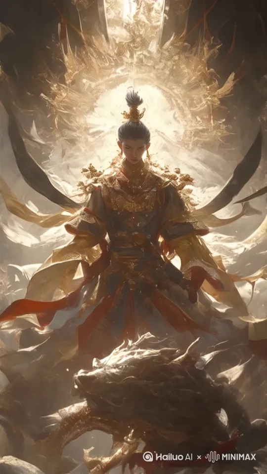 奇幻风格的数字艺术作品，中心人物身着华丽金色长袍，头戴镶嵌宝石的精致头冠，耳朵戴着大圆形耳环，胸前一个莲花形状的护心甲闪着微光，姿态庄重，眼睛是严肃的红色 的，背景是一团炽烈的光芒，周围环绕流动的金色线条与缭绕烟雾，营造出神秘氛围。光线自天际倾泻而下，强化了画面的神圣感。奇幻元素丰富，整体构图充满动态感与视觉冲击力。中景，微仰视视角。 by Hailuo AI Video Generator