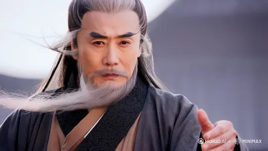 中老年男性，灰白色长发束起，白色发簪固定，几缕散发飘动，灰白色长胡须，面容沉稳，深邃目光正视前方，身着深灰色中式长袍，领口饰有复杂黑色花纹，内搭浅棕色衣物，手部微动作，背景模糊偏暗，写实风格，近景 。[左移,右摇,跟随] by Hailuo AI Video Generator