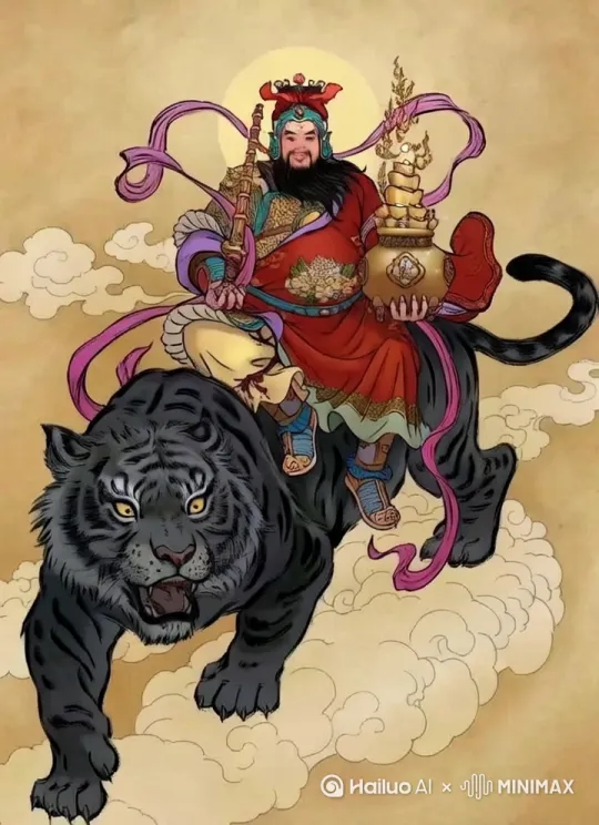 人骑着黑虎，黑虎由远及近的四腿奔跑而来，骑在上面的人全身放着金光，衣服彩带随风飘飘，全身的头部胳膊腿随着奔跑而动，表情自然，嘴里说着：财神到 by Hailuo AI Video Generator