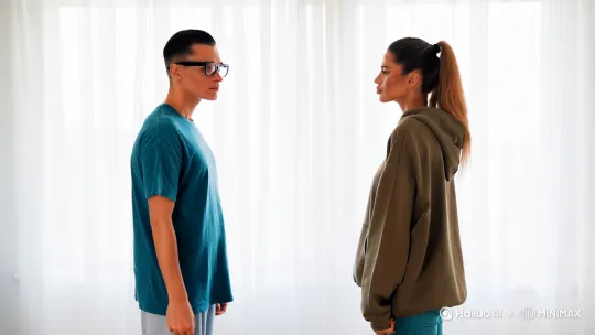 以下是为短视频平台设计的男女变装转场分镜头指令脚本，包含反差感、节奏感和视觉冲击力：

【分镜1：初始形象】
- 镜头：中景平拍
- 男生素颜戴黑框眼镜，穿宽松T恤+运动裤
- 女生扎马尾素颜，穿oversize卫衣+牛仔裤
- 动作：两人同时从左右入画，背靠背站立
- 灯光：自然白光
- 音效：秒表倒计时滴答声（3秒）

【分镜2：准备动作】
- 镜头：特写手部
- 两人同步打响指（0.5秒）
- 转场提示：响指声加强（加入混响效果）

【分镜3：魔幻转场】
- 镜头：360度环绕运镜
- 特效：衣服碎片粒子化特效（男蓝女粉双色粒子）
- 过渡：0.8秒闪光转场+风声音效
- 关键帧：在旋转至背对镜头时完成造型切换

【分镜4：变装亮相】
- 镜头：动态仰拍（从脚部拉升至全身）
- 男生变身：修身西装+烟熏妆+背头
- 女生变身：亮片吊带裙+大波浪+红唇
- 动作：男生扯松领带/女生撩发回眸
- 灯光：RGB炫彩频闪+烟雾机效果
- 音乐：副歌高潮卡点（精确到0.2秒）

【分镜5：对比冲击】
- 剪辑：左右分屏对比（变装前VS变装后）
- 特效：玻璃破碎过渡效果
- 时长：1.2秒（配合重低音音效）

【附加需求】
1. 服装细节：准备同色系配饰（如男生银色袖扣/女生同色系耳环）增强关联性
2. 运镜节奏：变装过程采用抽帧处理（每秒18帧）增强动感
3. 表情管理：变装后需保持3秒冷峻表情+突然破冰微笑的反差
4. 背景虚化：使用T1.4大光圈营造电影感景深

建议拍摄方案：
- 设备：支持120fps慢动作的拍摄设备
- 后期：Pr时间重映射+AE粒子插件
- 音乐参考：Lady Gaga《Poker Face》变速剪辑版

此脚本通过物理遮挡转场+数字特效结合的方式，既能降低拍摄难度，又能保证视觉震撼力，适合15-30秒短视频平台的传播特性。 by Hailuo AI Video Generator