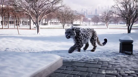 一只雪豹溜进校园里吞掉了书包[左移,推进,右摇] by Hailuo AI Video Generator