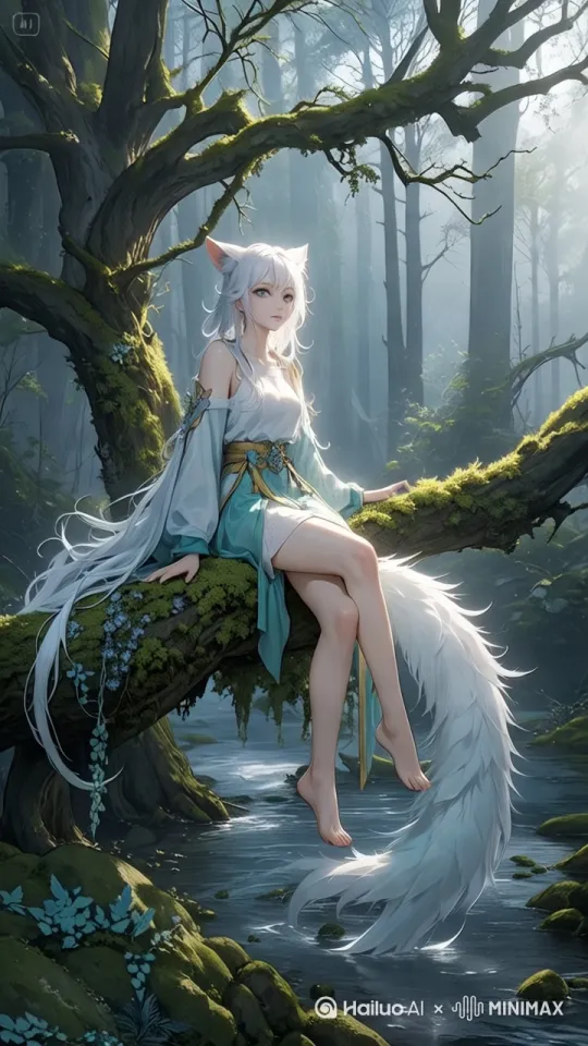 [左移,推进,右摇]女孩站起来在树干上扭曲幻化成一位丰满身姿傲人的女子，烟雾缭绕[右移,左摇,跟随] by Hailuo AI Video Generator