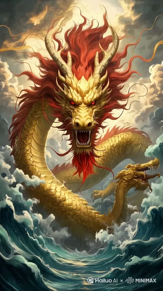 海水翻腾，云龙翻滚。威严气势。龙头吼啸 by Hailuo AI Video Generator