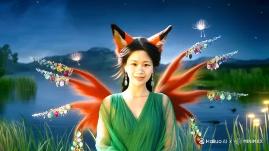 宁静的月夜下,波光粼粼的湖边,一位妖艳狐仙悄然出现。她的脸庞精致绝美,眉毛细长如弯月,眼神中透着勾魂的魅力。狐仙的毛色是迷人的橙红色,九条尾巴如同盛开的花朵。她身着薄如蝉翼的绿色纱衣,衣袂飘飘,身上佩戴着各种宝石饰品,在月光下闪烁着璀璨光芒,周围的草丛中萤火虫飞舞,此景为32K高清写实。 by Hailuo AI Video Generator