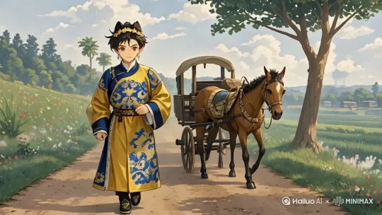 画面中主要人物边走边跳很高兴的梯子，身后的马车正常前进，路傍行人匆匆走过。 by Hailuo AI Video Generator