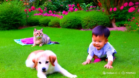 绿色的草坪上点缀着五颜六色的小花，一只可爱的小猫和四岁的中国籍小男孩趴在草坪上，突然一只可爱的的奔跑着的小狗，冲向小主人，小主人高兴的举起小狗[固定镜头][变焦推进,跟随,上升][左移,推进,右摇] by Hailuo AI Video Generator