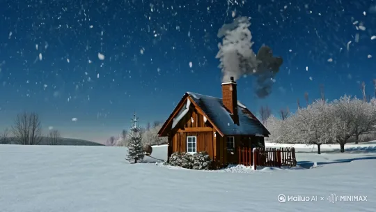 漫天大雪，有一个小房子，烟囱冒着烟 by Hailuo AI Video Generator