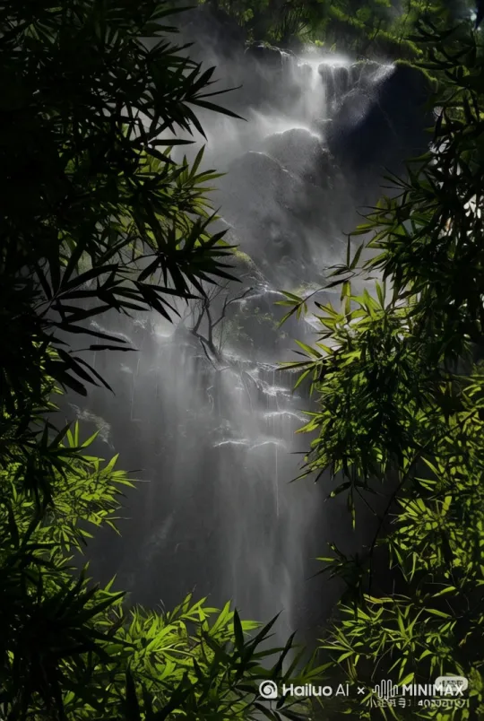 拉近，瀑布在倾泻直下，竹叶随风飘动 by Hailuo AI Video Generator
