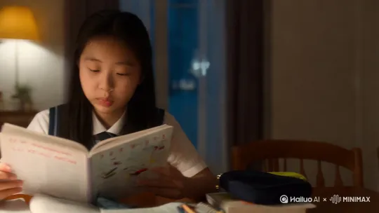 晚上8点，一个初中二年级女生吴宣萱在餐桌边拿着全英文数学书认真地学习，一边用英语查新单词，一边跟着念 by Hailuo AI Video Generator