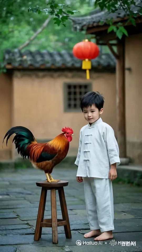 小男孩和公鸡跳起来互相厮杀打斗，谁都不服谁， by Hailuo AI Video Generator