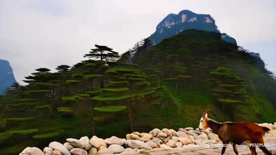 西方第一列山系华山山系之首座山，叫做钱来山，山上有许多松树，山下有很多洗石。山中有一种野兽，形状像普通的羊却长着马的尾巴，名称是羬羊，羬羊的油脂可以护理治疗干裂的皮肤。　　从钱来山往西四十五里，是座松果山。濩水从这座山发源，向北流入渭水，其中多产铜。山中有一种禽鸟，名称是【虫鸟】渠，形状像一般的野鸡，黑色的身子和红色的爪子，可以用来治疗皮肤干皱。 by Hailuo AI Video Generator