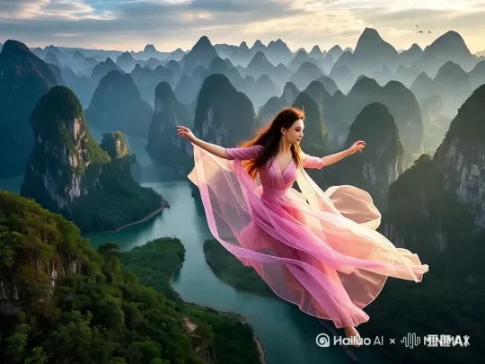 AI 视频：超高清画质下，桂林山水间，身着传统汉服的女子轻盈转身向远方飞行，无人机在身后跟踪美女每一步动作。她长袖飘逸，淡青与粉色丝绸光泽流转，发丝于晨雾中朦胧。层叠喀斯特峰林环绕，漓江蜿蜒如碧玉，远处竹筏轻摇、渔人撒网。阳光穿云，水面金斑闪烁，女子飞行轨迹留光点，似仙子踏云。画面如墨画般朦胧，青绿色山峦与服饰相衬，微风拂水起涟漪，远处梯田与白墙黛瓦村落若隐，尽显桃源仙境氛围。 by Hailuo AI Video Generator