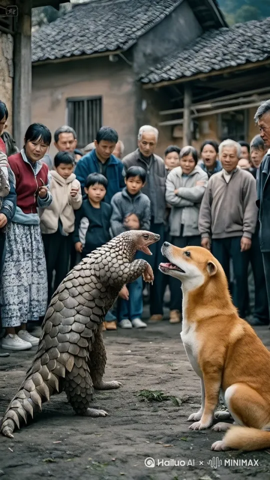 穿山甲跟大黄狗咬在一起不分开，跟风火轮一样在地上剧烈旋转，尘土飞扬，村民看的兴高采烈 by Hailuo AI Video Generator