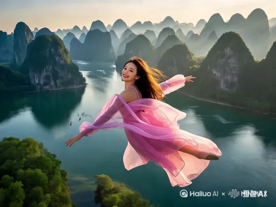 AI 视频：超高清画质下，桂林山水间，身着传统汉服的女子轻盈转身向远方飞行，无人机在身后跟踪美女每一步动作。她长袖飘逸，淡青与粉色丝绸光泽流转，发丝于晨雾中朦胧。层叠喀斯特峰林环绕，漓江蜿蜒如碧玉，远处竹筏轻摇、渔人撒网。阳光穿云，水面金斑闪烁，女子飞行轨迹留光点，似仙子踏云。画面如墨画般朦胧，青绿色山峦与服饰相衬，微风拂水起涟漪，远处梯田与白墙黛瓦村落若隐，尽显桃源仙境氛围。 by Hailuo AI Video Generator