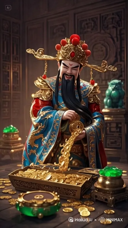 财神手中的金币像泉水一样不停的冒上来，哗哗往下流，电影质感，高清的 by Hailuo AI Video Generator