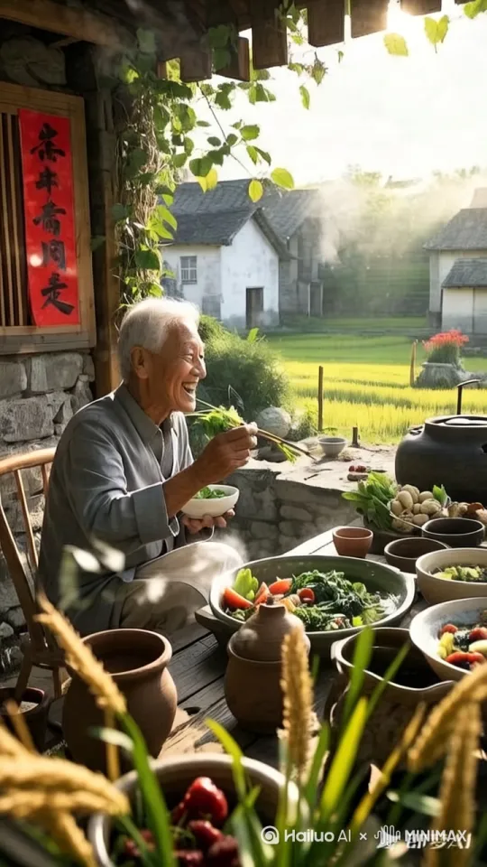 视频提示词：在一个田园风光的小院里，一位老人坐在木桌旁享用热气腾腾的家常饭菜。桌上摆满了各式各样的菜肴，包括青菜、肉类和汤品。老人手持筷子，专注地品尝着美食。背景是一片金黄色的稻田，远处可见传统的中式建筑。小院的石墙上挂着红色的对联，增添了喜庆的氛围。旁边还有一只黑白相间的狗，似乎也在期待着老人的投喂。前景处盛开的红色花朵为整个画面增添了生机和色彩。光线柔和，整个场景充满了宁静与温馨的感觉。 by Hailuo AI Video Generator