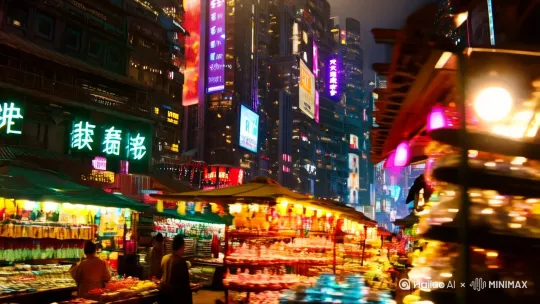 重庆2090年赛博朋克城市场景[左移,上升] by Hailuo AI Video Generator