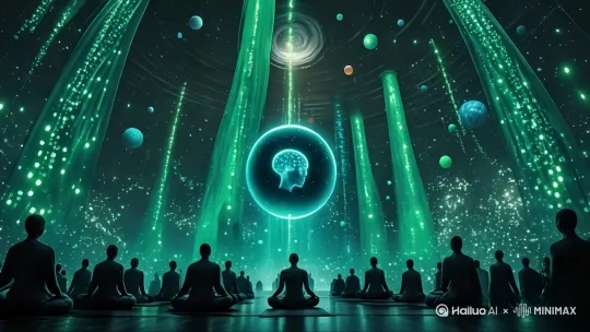 所有各种光柱都很细腻地向上流动，形成一个动感的背景，球体自传，中间的人脑圆缓缓旋转，镜头缓缓推进升起 by Hailuo AI Video Generator