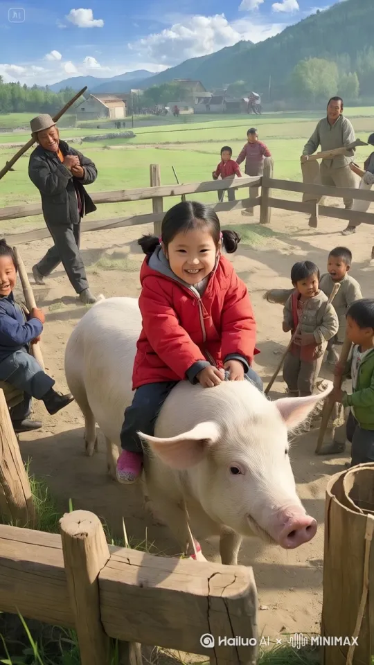 镜头移动，母猪在场地中左右奔跑、上下跳跃、疯狂跳跃，小女孩紧紧骑在母猪身上 by Hailuo AI Video Generator