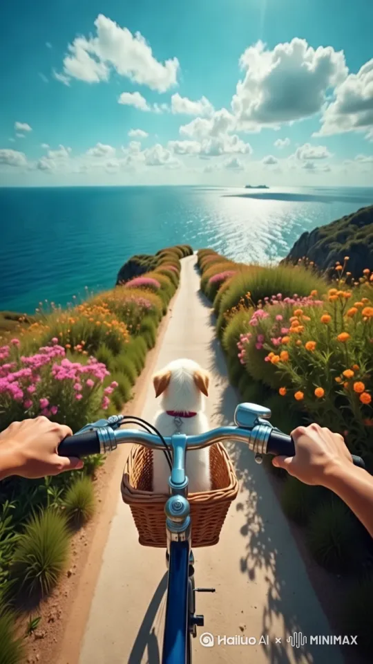 第一人称视角骑行在小路上，双手紧握车把随路面起伏轻微晃动，小狗的耳朵被微风吹起，海面波光粼粼，阳光闪烁，跟随镜头完美呈现速度感与沉浸体验。 by Hailuo AI Video Generator