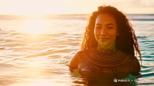 award winning closeup portrait photo of an polynesian woman, water goddess, body tattoos, wading in the pacific ocean, partially submerged shot, style-moana, trending on artstation, highly detailed, fine detail, intricate, lens flare, backlighting, bloom by Hailuo AI Video Generator