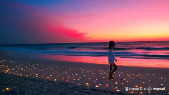 海边黄昏场景，粉色渐变的天空映着浪花，女孩赤脚走向海浪的逆光剪影，沙滩上散落着贝壳与星形光斑，电影级动态模糊处理，宽荧幕比例，柔焦滤镜效果 by Hailuo AI Video Generator