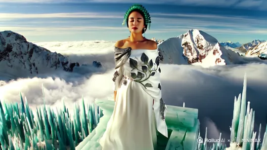 【场景1：云巅初现】
自然指令：  
全景俯拍雪峰皑皑的山巅，晨雾如液态白银漫过冰裂纹青玉祭坛。身着素白漏肩缎面长裙的女子闭目立于悬崖边，裙摆刺绣的暗银缠枝莲随罡风翻涌，发间玉步摇坠珠与腰间禁步在海拔5000米稀薄空气中发出细碎清响。

运镜指令：  
▷ 航拍远景（云雾透视算法70%）  
▷ 缓降0.5x速度越过冰晶悬浮层  
▷ 镜头焦点从冰塔林移轴至人物侧影  
▷ 开启动态风场模拟（发丝/披帛流体力学参数：湍流值0.3）

【场景2：凌空飞降】  
自然指令：  
女子足尖轻点祭坛残碑腾空，双臂展开时披帛骤然延展为十丈鲛绡。下落过程中山体岩层渐次幻化出敦煌飞天藻井纹，裙裾掠过处有霜花凝结成《山海经》旋龟纹样。

运镜指令：  
▷ 360°环绕镜头（半径20米轨道跟踪）  
▷ 开启失重模式视角扭曲（曲率0.15）  
▷ 俯冲跟随时启动背景剥离（山体虚化度60%）  
▷ 特写手指结印瞬间触发粒子光效（青鸾图腾粒子数500+）

【场景3：翩然着陆】  
自然指令：  
距地面百米时突然悬停，足下泛起《千里江山图》青绿涟漪。腰肢后仰构成新月弧线，袖中飞出朱砂符箓化作赤鳞锦鲤群，最终轻踏鱼背旋身落地，裙摆绽开时冻土层迸出千年未谢的蓝田玉莲。

运镜指令：  
▷ 慢镜头0.25x（开启肌肉纤维微颤动捕）  
▷ 落地瞬间地面波纹用Houdini流体模拟  
▷ 镜头从仰角25°快速拉升至上帝视角  
▷ 结尾定格画面加载绢本古画噪点滤镜

特效标注：  
① 全程叠加薄纱质感光晕（HSL调色：H215° S20° L+15）  
② 飞行轨迹残留敦煌星轨特效（持续帧数：18fps）  
③ 环境音注入：冰裂声（低频12kHz）+ 梵铃泛音（AI生成宫调式音阶） by Hailuo AI Video Generator