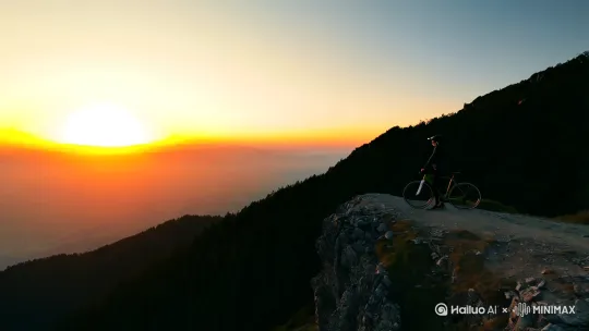 (右移固定)一个人骑自行车站到山巅看夕阳 by Hailuo AI Video Generator