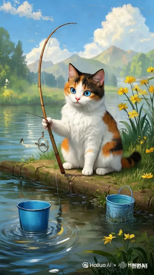 猫咪目不转睛地盯着浮标，突然浮标猛点下沉，猫咪快速提起钓杆，哇！只见一只活蹦乱跳的乌龟被钩子钩住了嘴，吊在空中拼命乱摆。猫咪咧嘴大笑，高兴极了。 by Hailuo AI Video Generator
