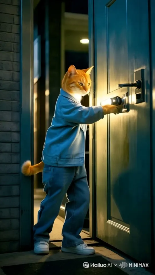 拟人化的橘猫关上门后，大步向门外走，镜头跟随。自然过渡，自然顺畅。 by Hailuo AI Video Generator