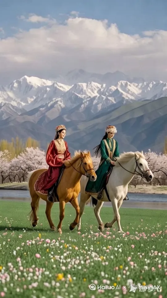 两名维吾尔族美女，二人结伴骑马顺绿草如茵的河边优雅的缓慢跑过，镜头随着二人移动。天上云海翻腾+地上百万花瀑+四处烂漫盛开的杏花树，美的令人窒息 by Hailuo AI Video Generator
