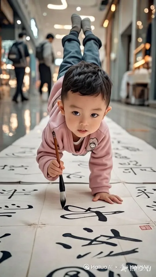 男孩倒立，拿着毛笔，在纸上写字后，瞬间跳起，站在原地，对着屏幕鞠躬答谢。 by Hailuo AI Video Generator