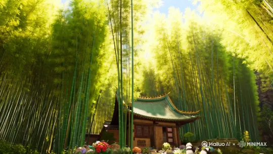 .竹林，房舍，憨态可掬的熊猫，流水
竹林：翠绿的竹子在微风中轻轻摇曳，阳光透过竹叶洒下斑驳的光影。竹林深处，偶尔传来几声鸟鸣，增添了自然的和谐美。
2.
房舍：在竹林的一角，坐落着一座古朴的房舍。房舍的屋顶覆盖着青瓦，墙壁由竹子和泥土建成，显得格外温馨。房舍前有一片小小的庭院，种满了各种花草。
3.
熊猫：在竹林中，几只憨态可掬的熊猫正在悠闲地觅食。它们时而爬上竹子，时而在地上打滚，憨态可掬的模样让人忍俊不禁。
4.
流水：一条清澈的小溪在竹林旁蜿蜒流过，溪水清澈见底，水中的石子和游鱼清晰可见。溪水潺潺，伴随着竹林的风声，构成了一曲自然的交响乐。 by Hailuo AI Video Generator